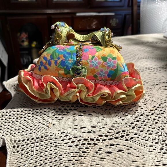 Mary Frances Floral Beaded Ruffled Small Handbag Pink Yellow - Picture 12 of 12